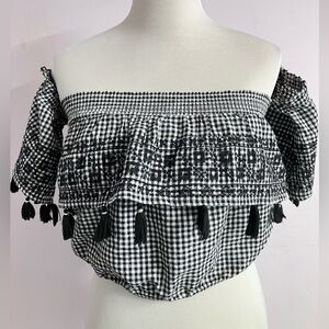 American Eagle Women’s Off Shoulder Gingham Tasseled Crop Top, Small, Black/Wh